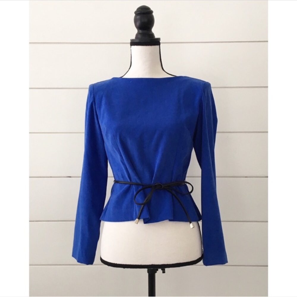 Vintage Royal Blue Long Sleeve Peplum Blouse